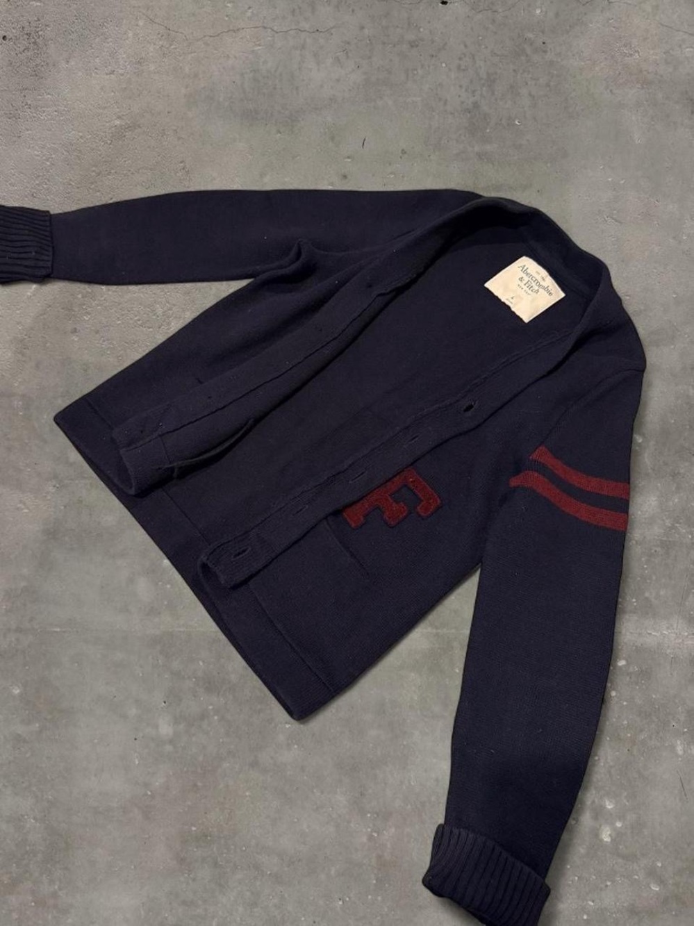 Abercrombie & Fitch Navy Cardigan with Burgundy Stripes